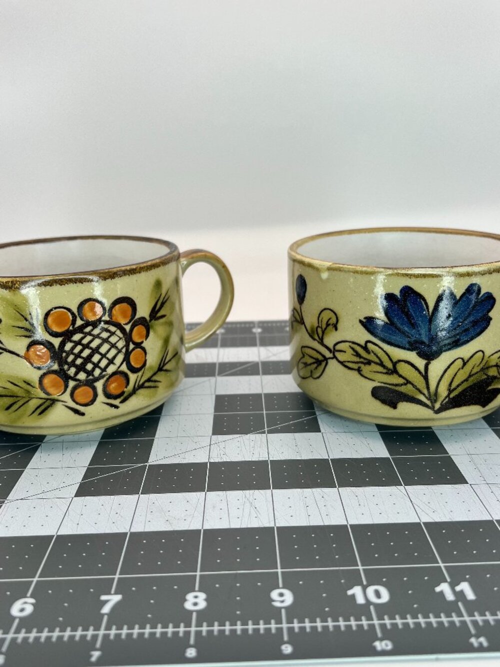Vintage Stonware Pottery Soup Mugs Scandinavian Folk Art Floral Cup Pair
